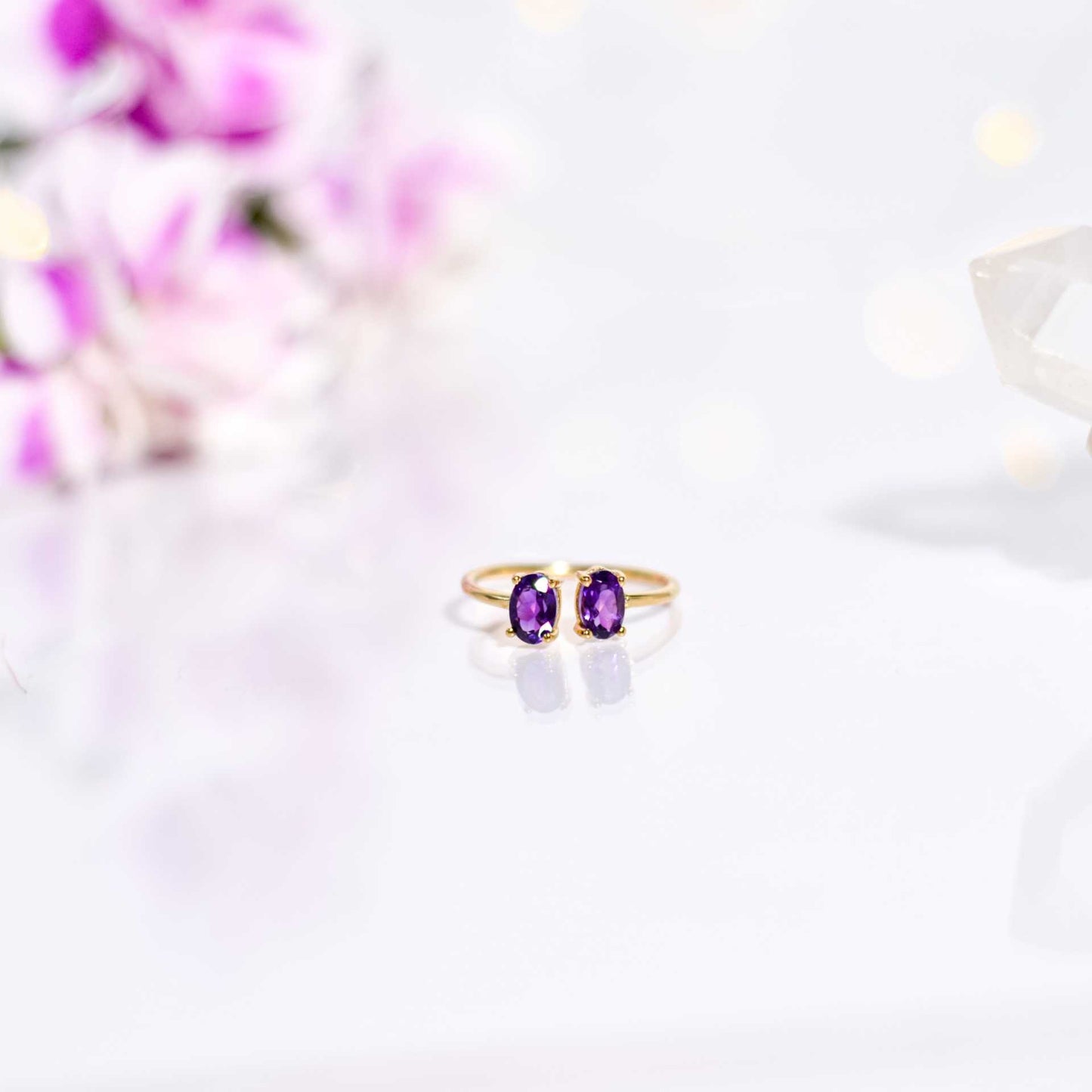 6 x 4 mm Oval cut Purple Amethyst Double stone Open Ring