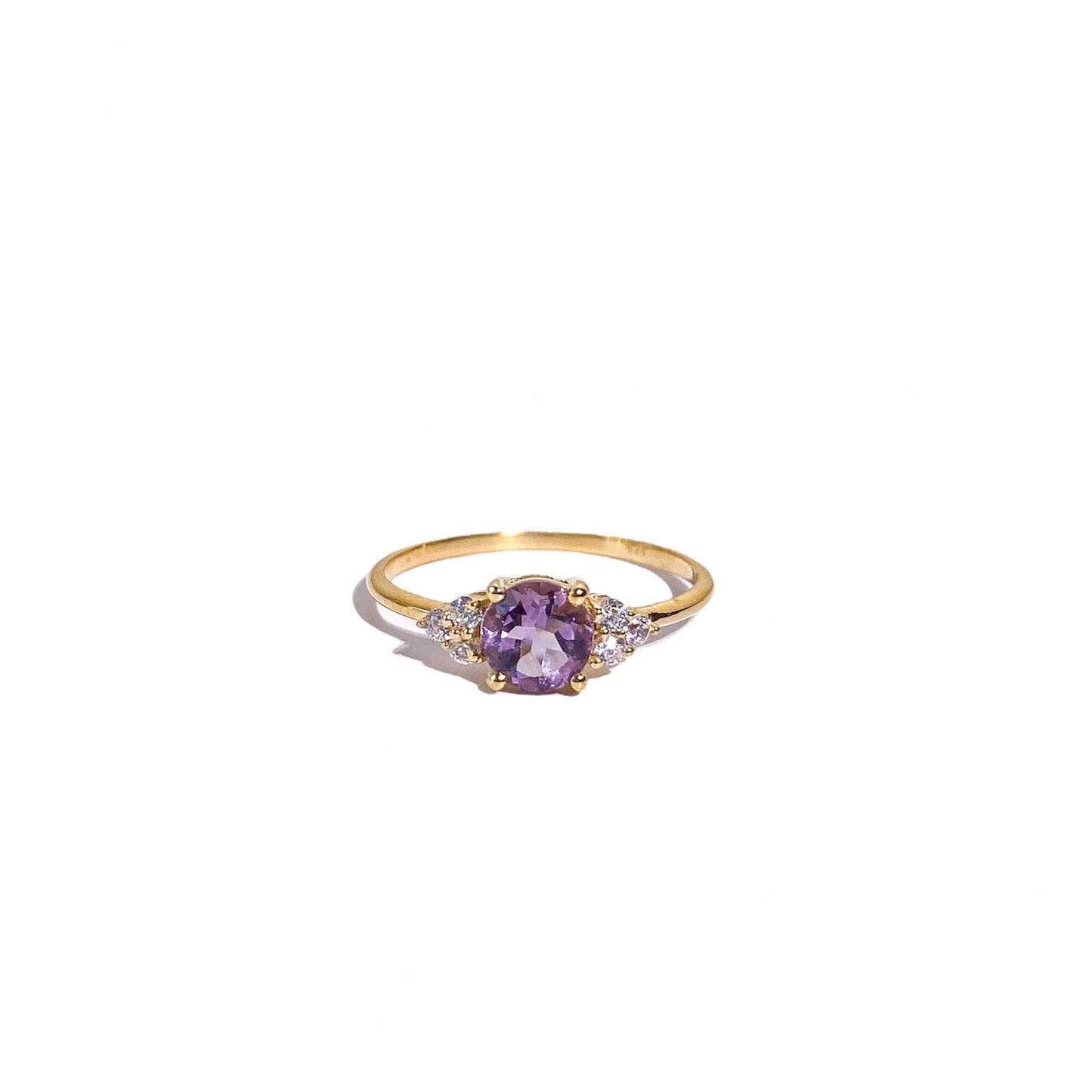 6 mm Round cut Pink Amethyst with 3 Cz side stones Ring