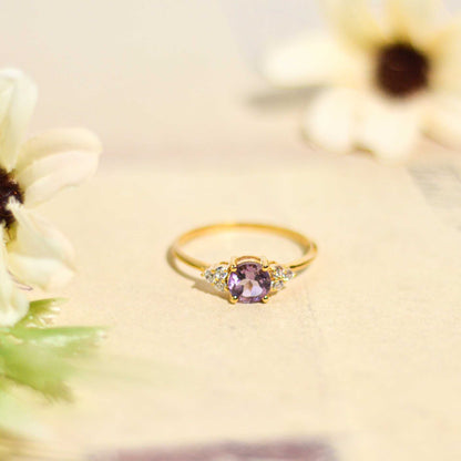 6 mm Round cut Pink Amethyst with 3 Cz side stones Ring
