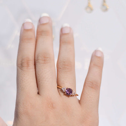 6 mm Round cut Pink Amethyst with 3 Cz side stones Ring