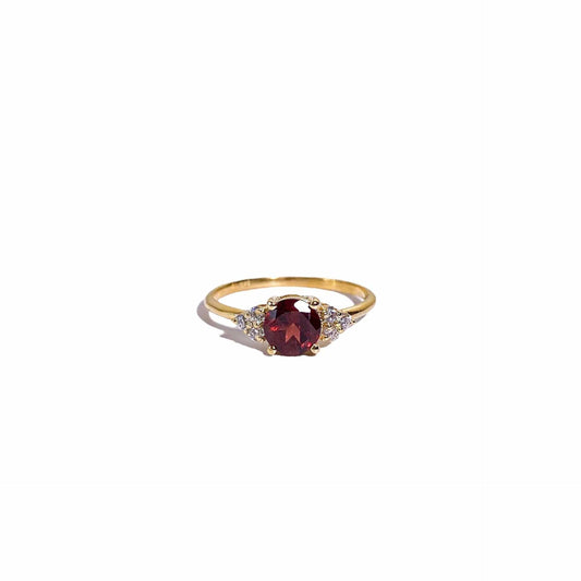 6 mm Round cut Red Garnet with 3 Cz side stones Ring