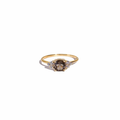6 mm Round cut Smokey Topaz with 3 Cz side stones Ring