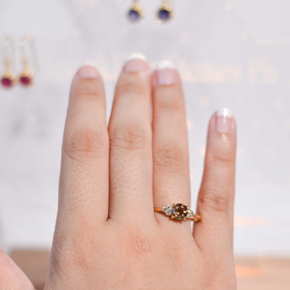 6 mm Round cut Smokey Topaz with 3 Cz side stones Ring