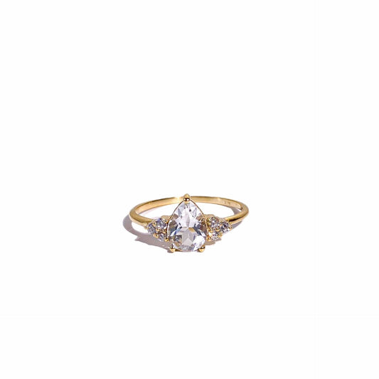 8 x 6 mm Pear cut White Topaz with 3 Cz side stones Ring