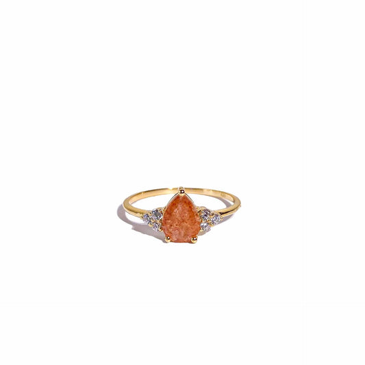 8 x 6 mm Pear cut Sunstone with 3 Cz side stones Ring