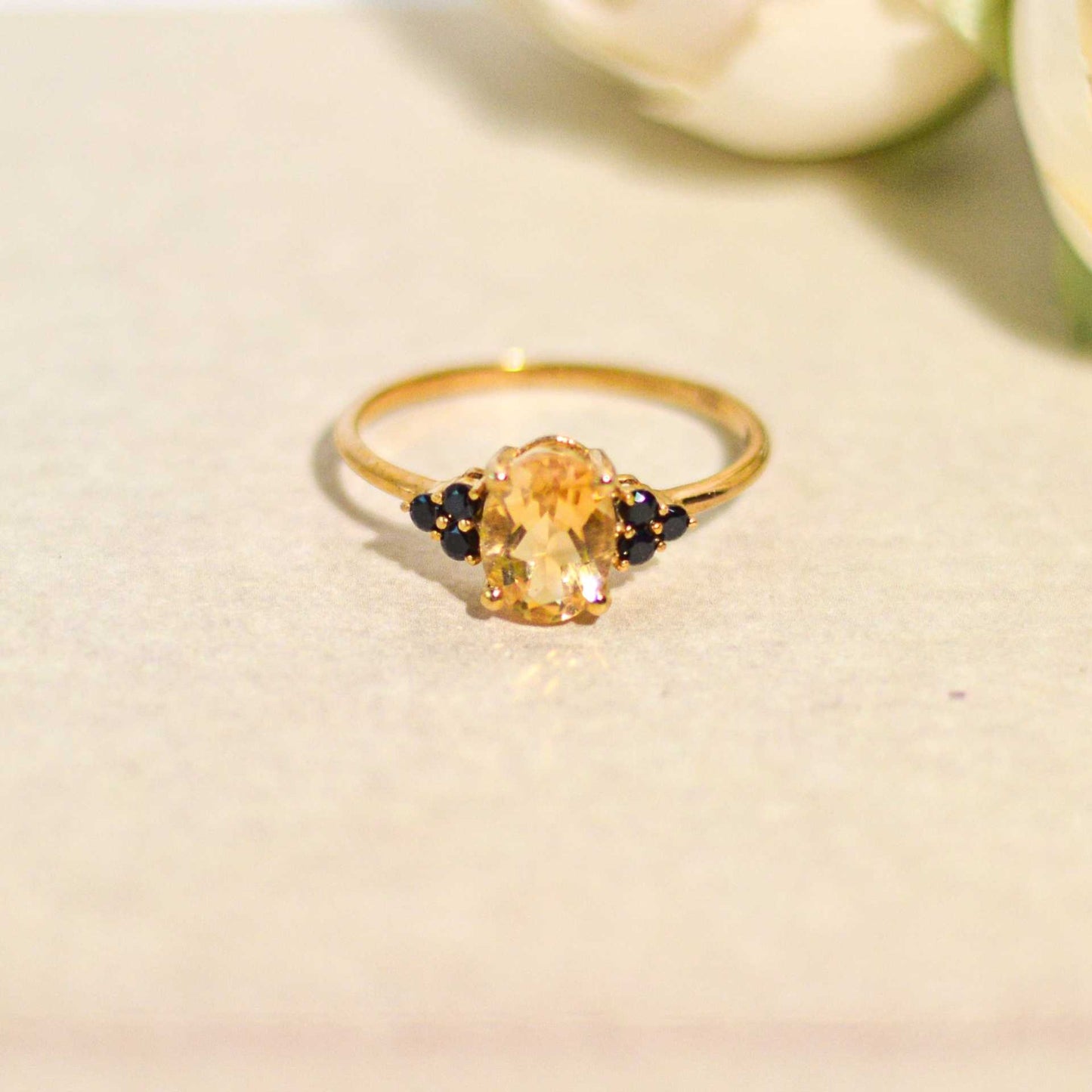 8 x 6 mm Oval cut Citrine with 3 Black Spinel side stones Ring