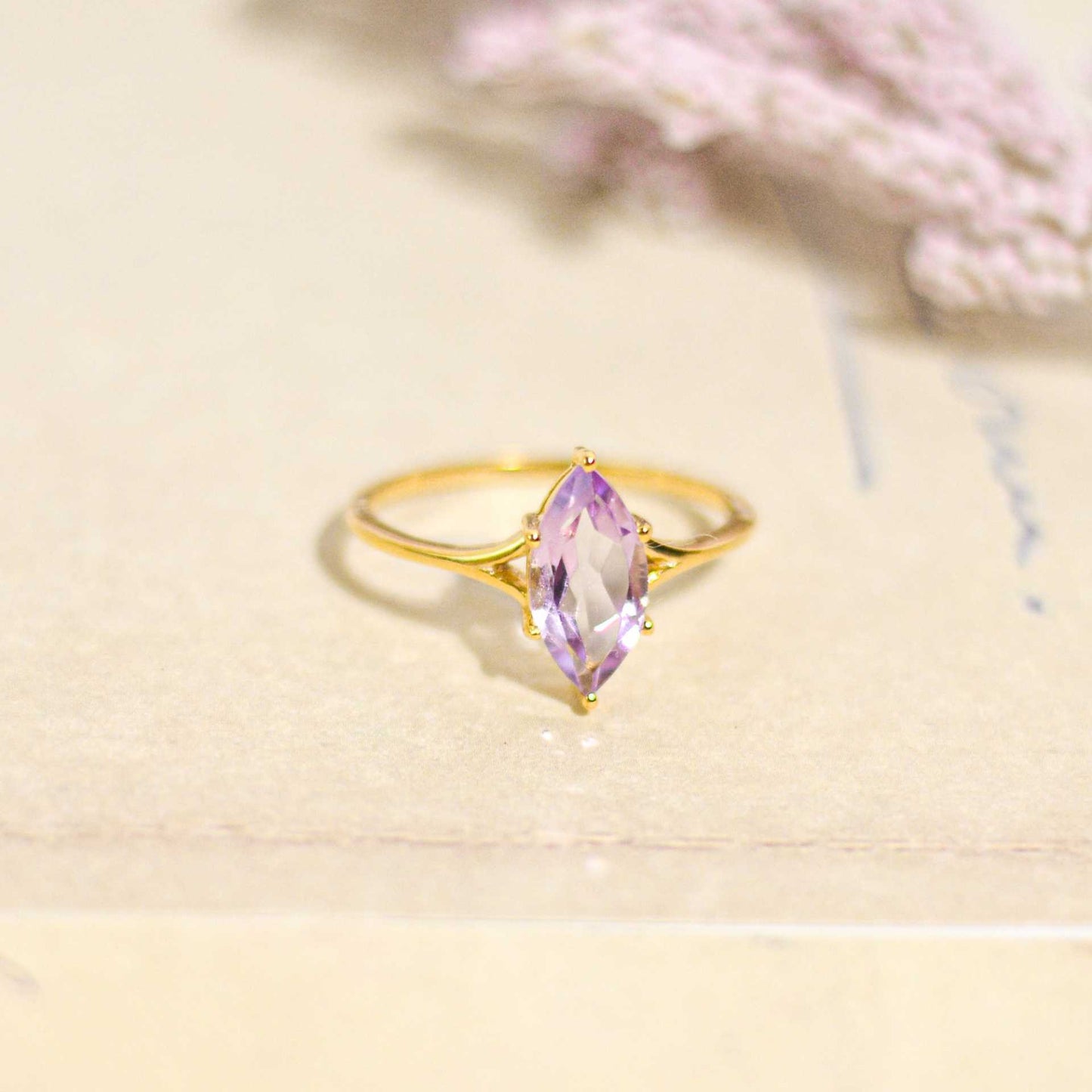 12 x 6 mm Marquise cut Pink Amethyst Yellow gold plated Ring