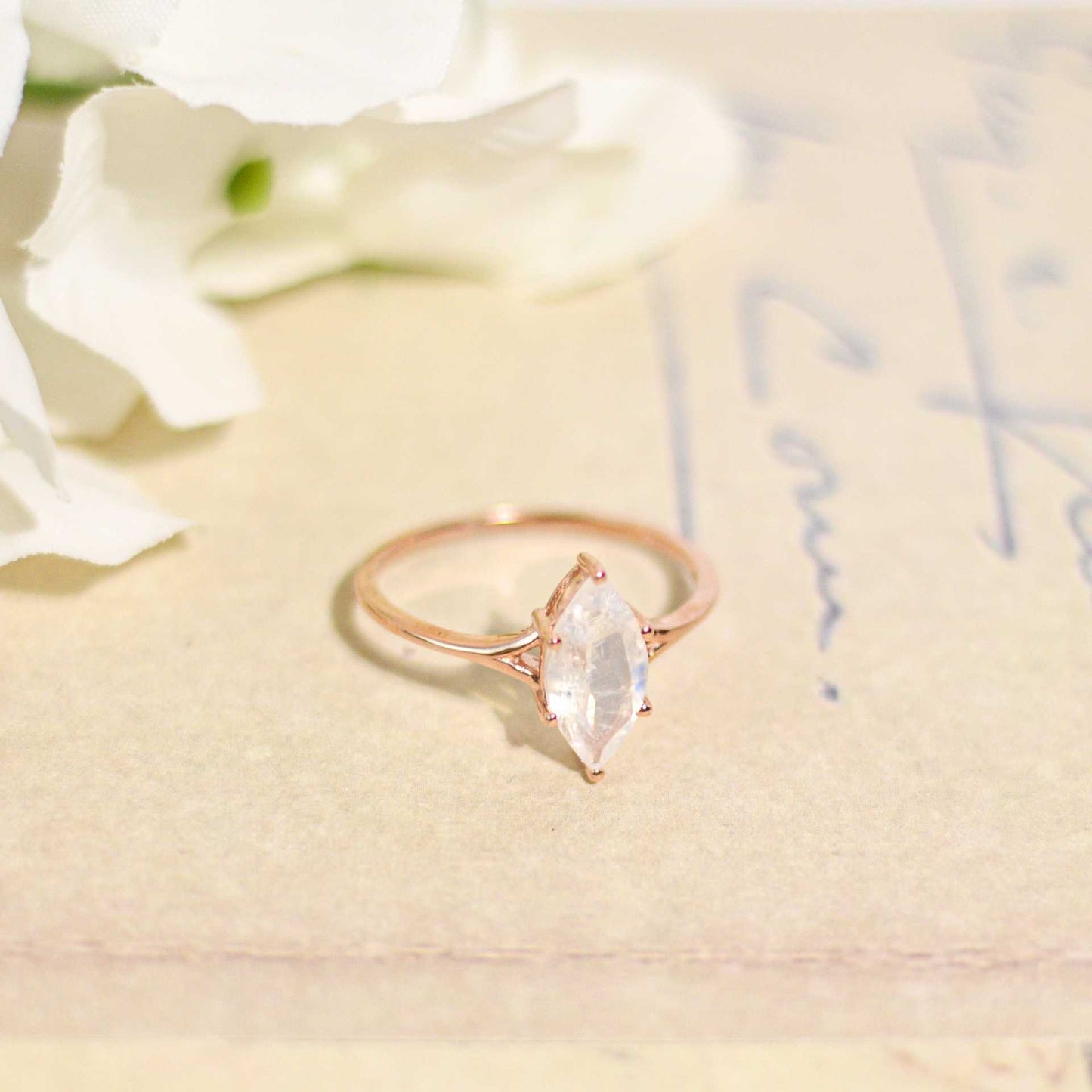 12 x 6 mm Marquise cut Rainbow Moonstone Rose gold plated Ring