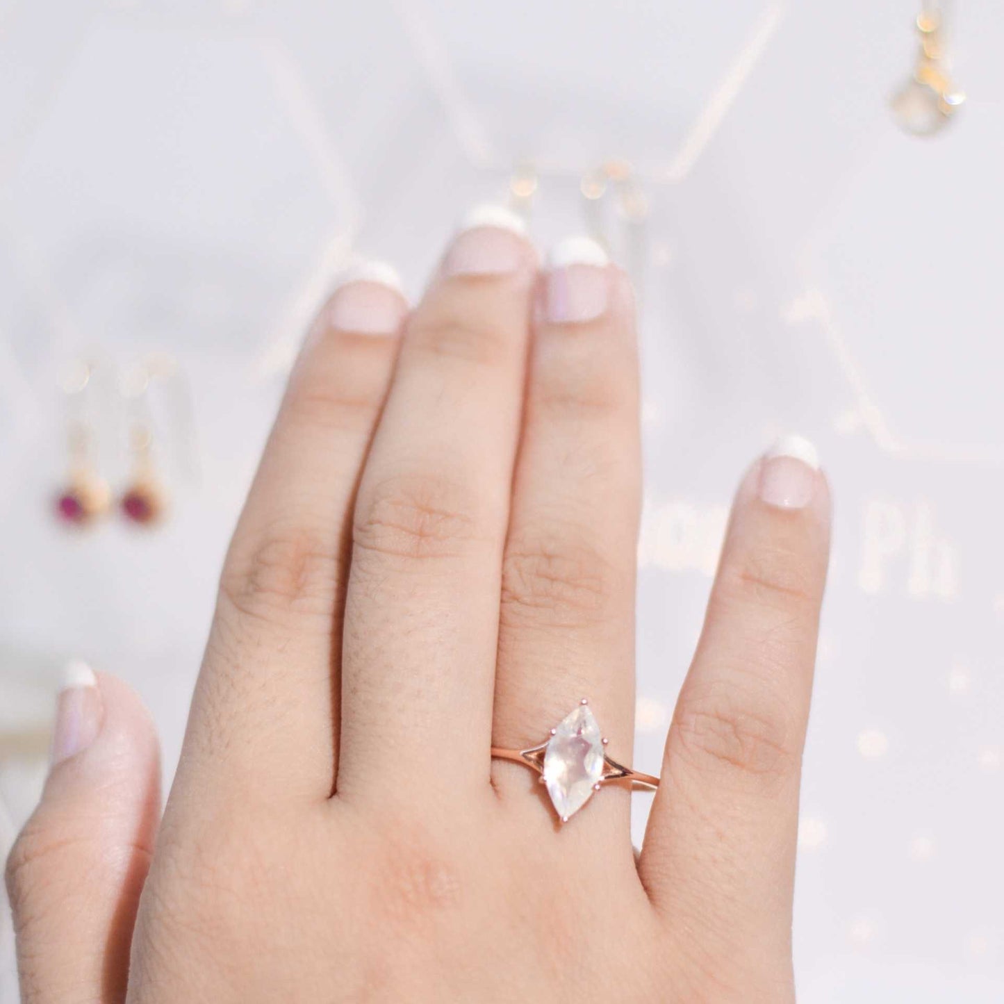 12 x 6 mm Marquise cut Rainbow Moonstone Rose gold plated Ring