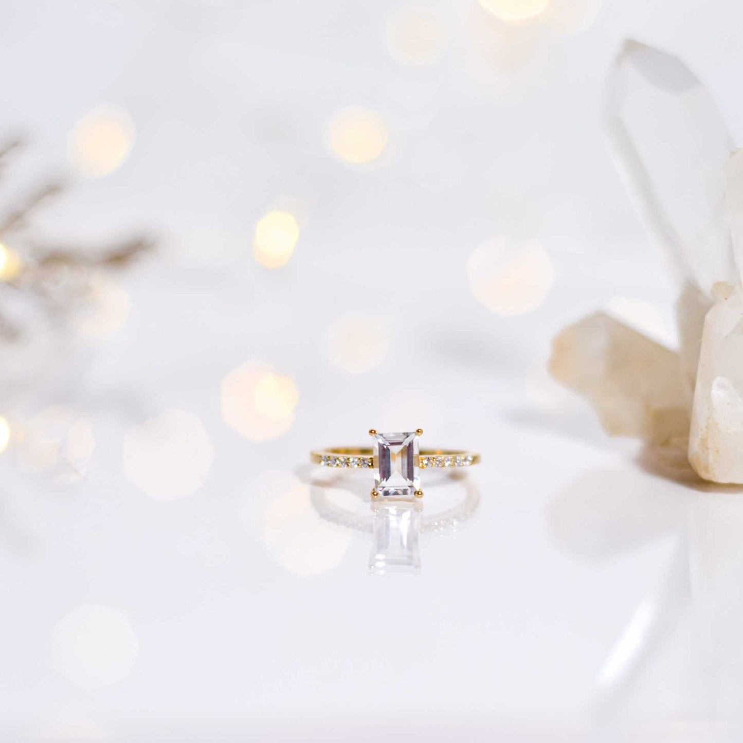 7 x 5 mm Baguette cut White Topaz with Cz band Ring