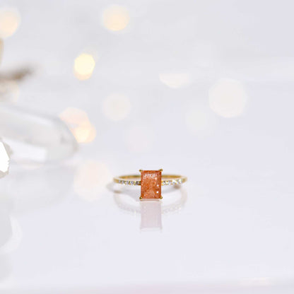 7 x 5 mm Baguette cut Sunstone with Cz band Ring