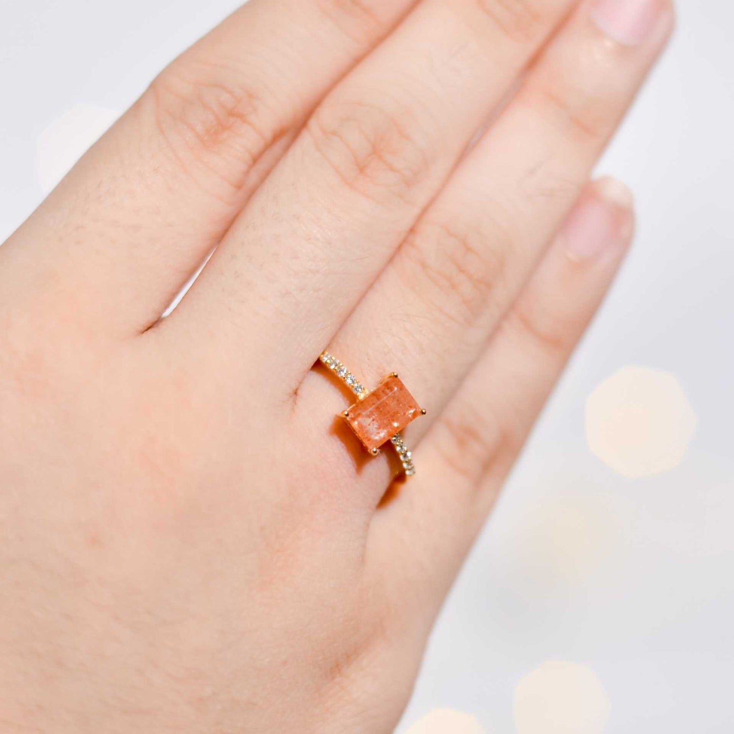 7 x 5 mm Baguette cut Sunstone with Cz band Ring