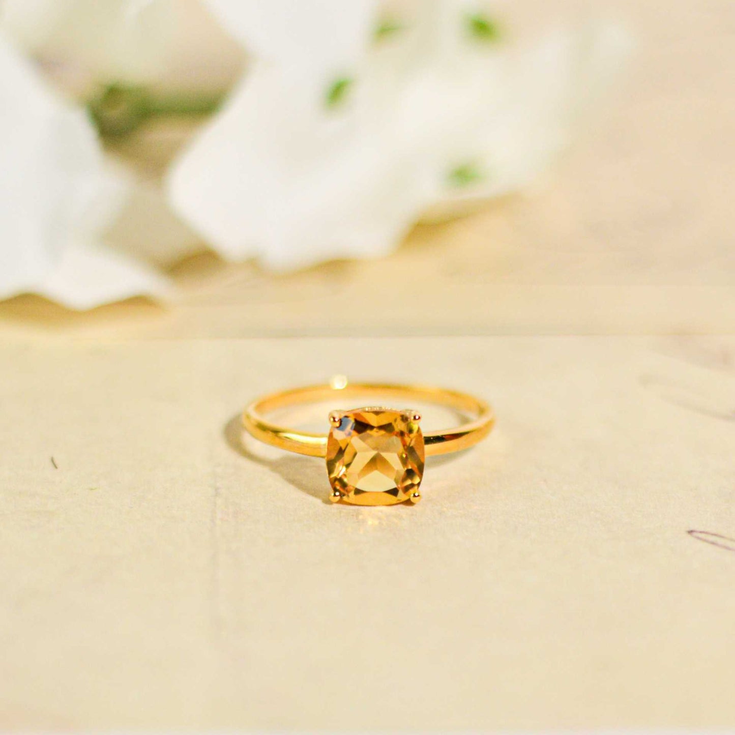 8mm Cushion cut Citrine Yellow gold plated Ring