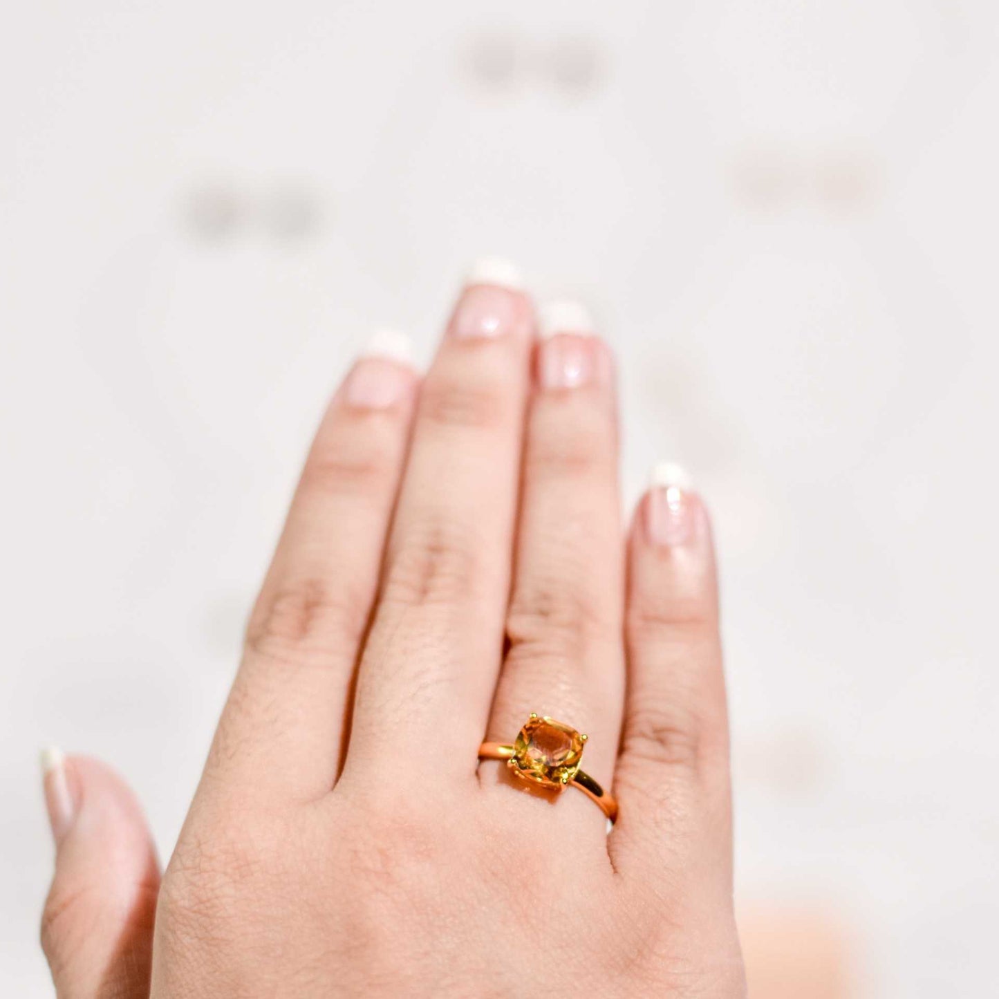 8mm Cushion cut Citrine Yellow gold plated Ring