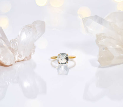 8mm Cushion cut Green Amethyst Yellow gold plated Ring