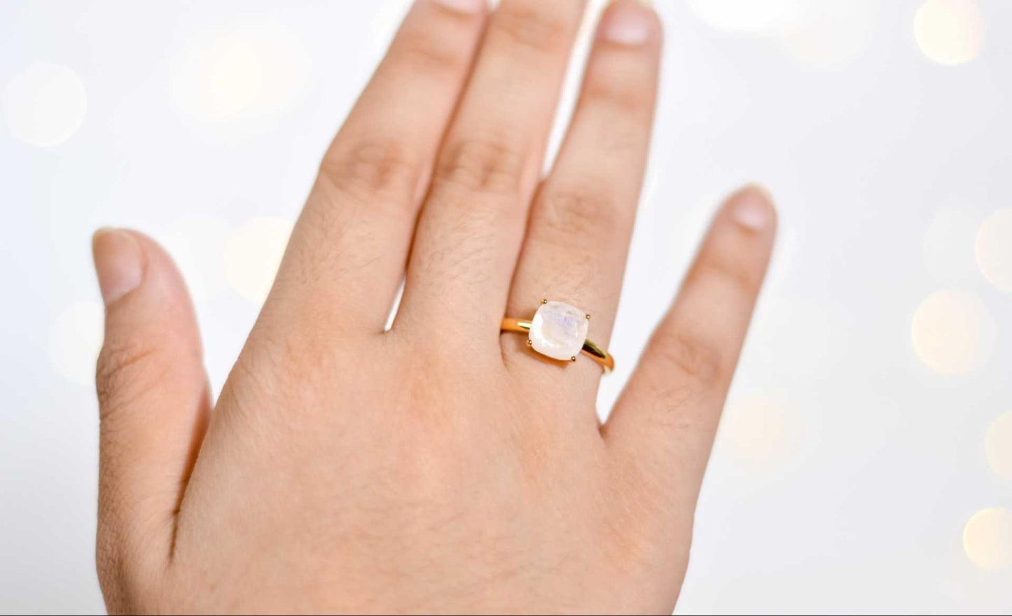 8mm Cushion cut Moonstone Yellow gold plated Ring