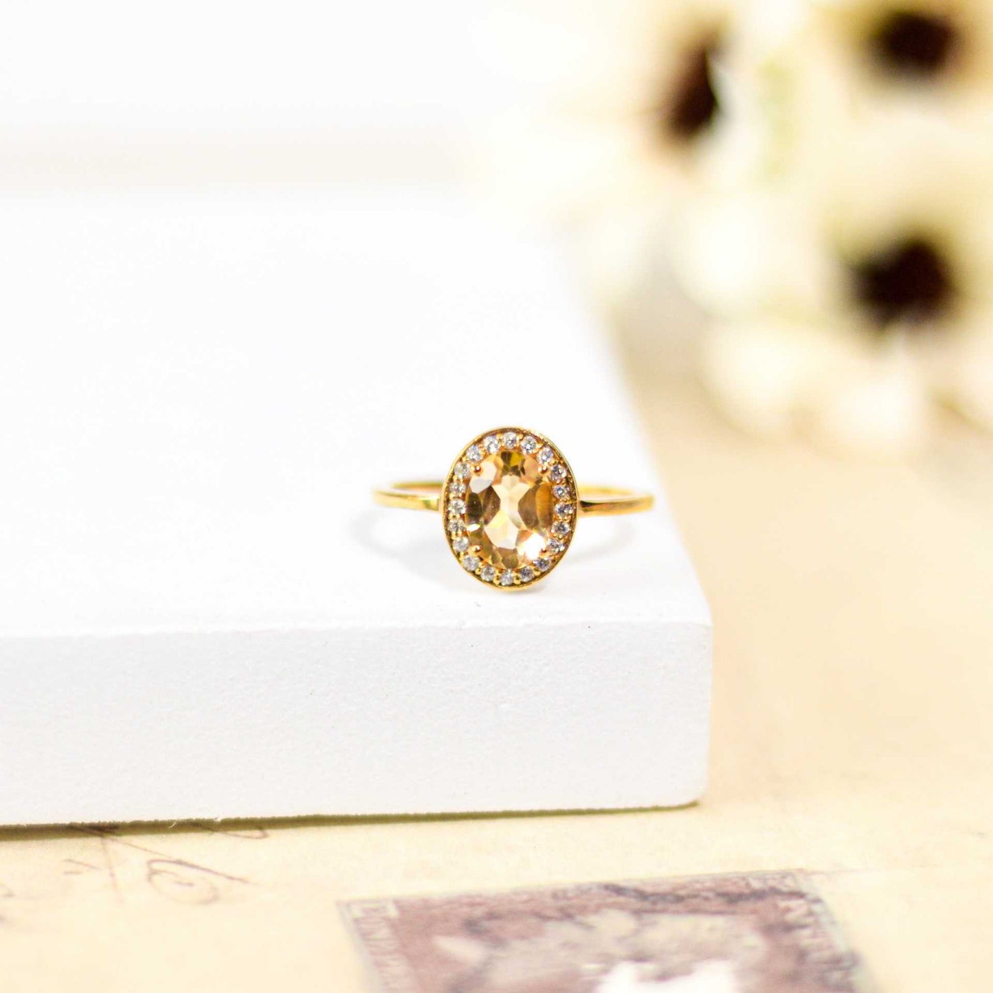 8 x 6 mm Oval cut Citrine with Cz Halo Ring