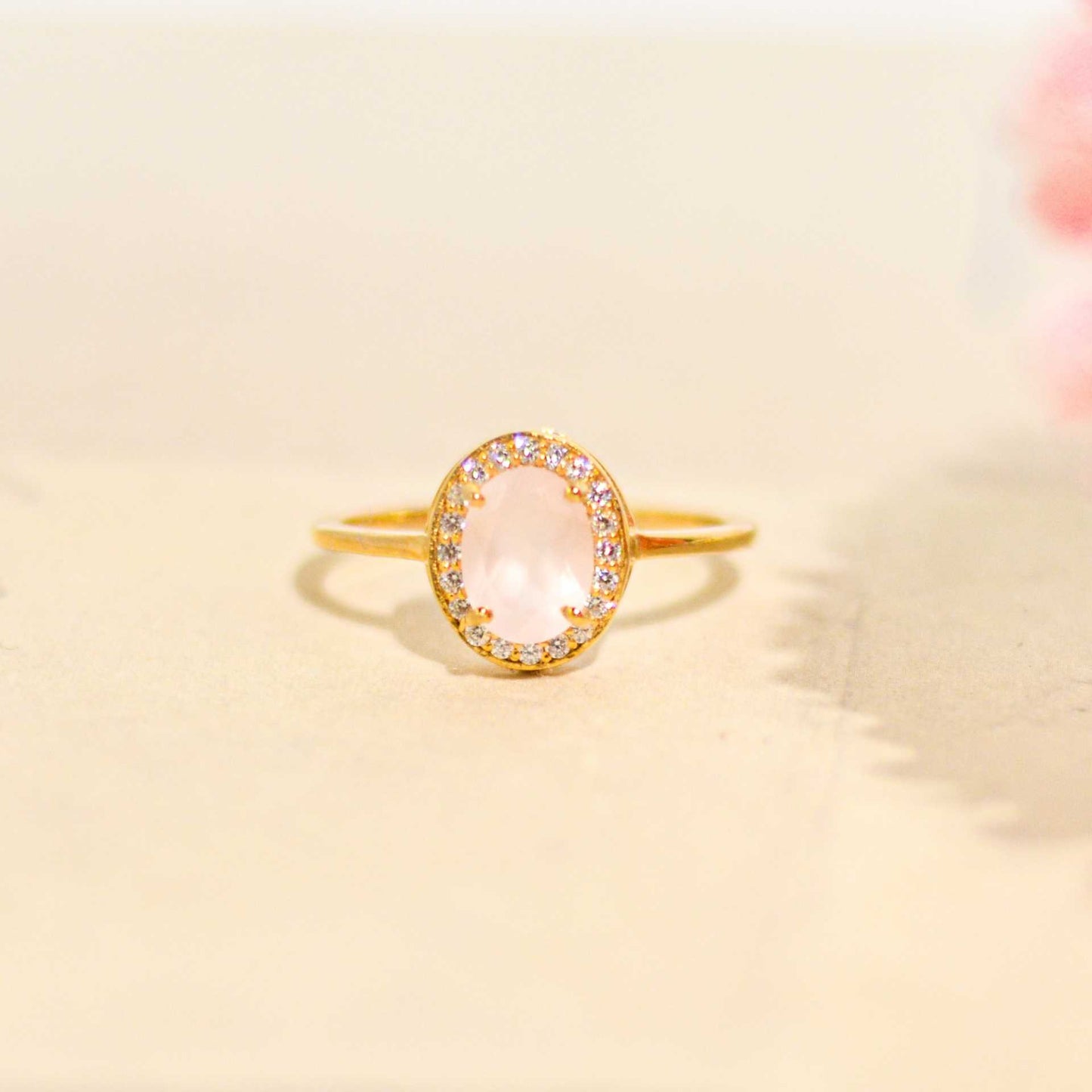 8 x 6 mm Oval cut Rose Quartz with Cz Halo Ring