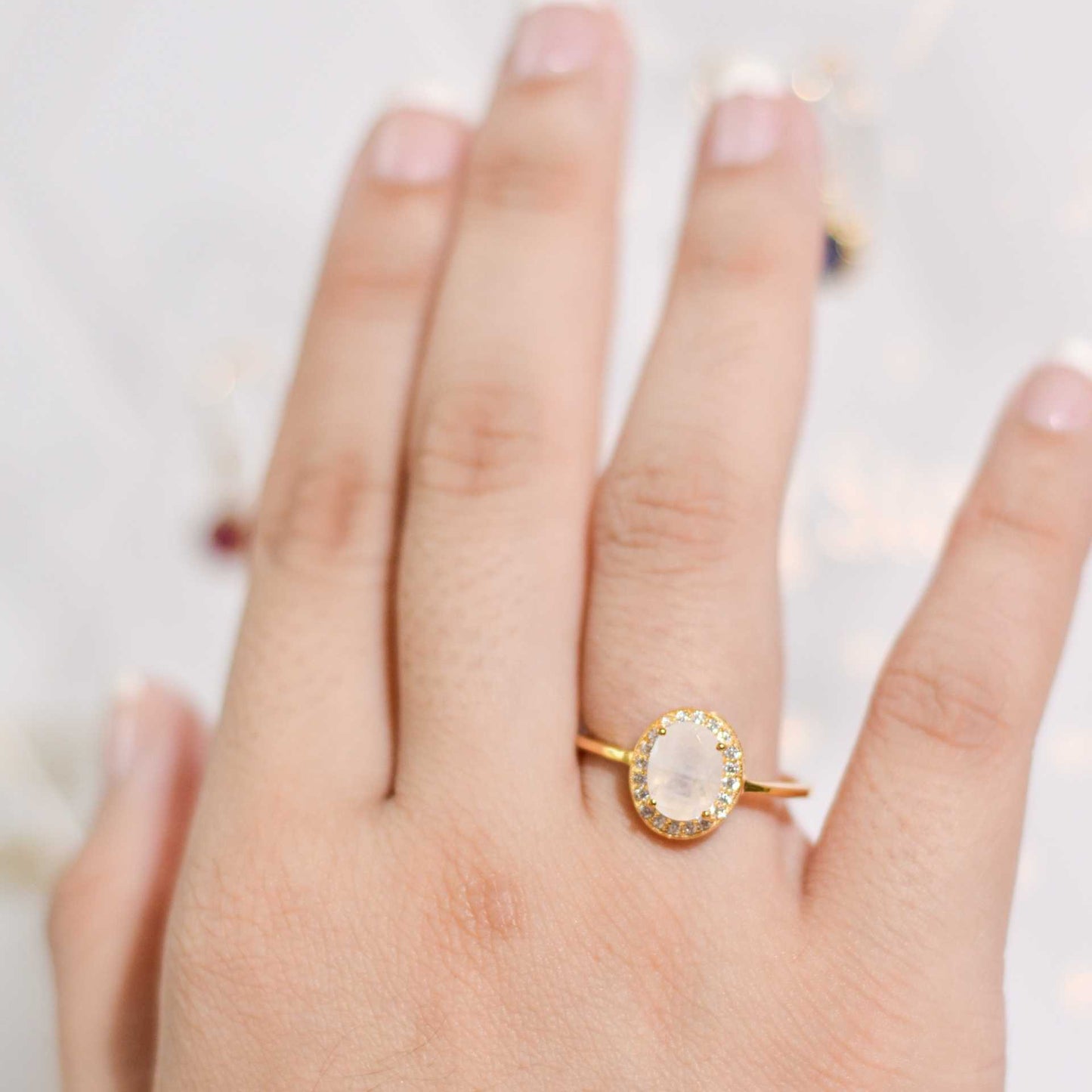8 x 6 mm Oval cut Moonstone with Cz Halo Ring