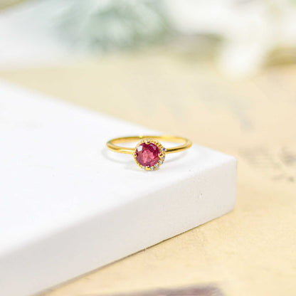 6 mm Round cut Ruby with Crescent Cz Yellow gold plated Ring