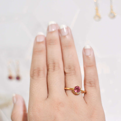6 mm Round cut Ruby with Crescent Cz Yellow gold plated Ring