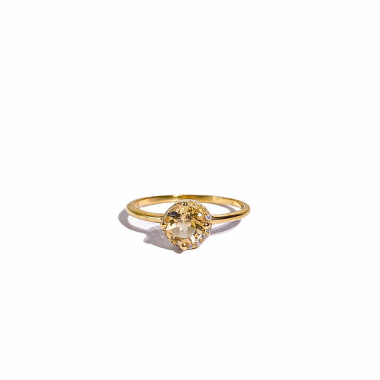 6 mm Round cut Citrine with Crescent Cz Yellow gold plated Ring