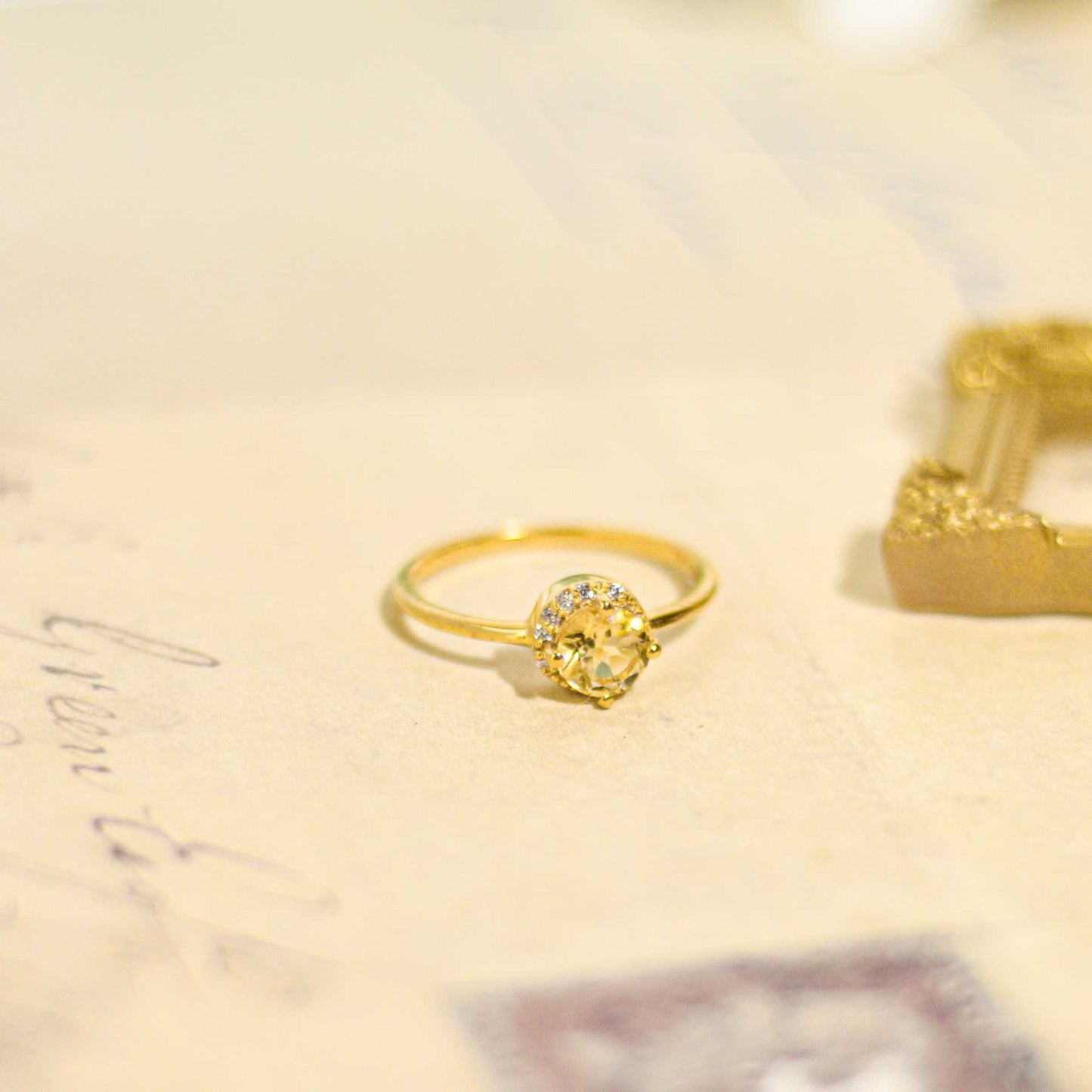 6 mm Round cut Citrine with Crescent Cz Yellow gold plated Ring