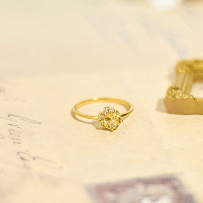 6 mm Round cut Citrine with Crescent Cz Yellow gold plated Ring