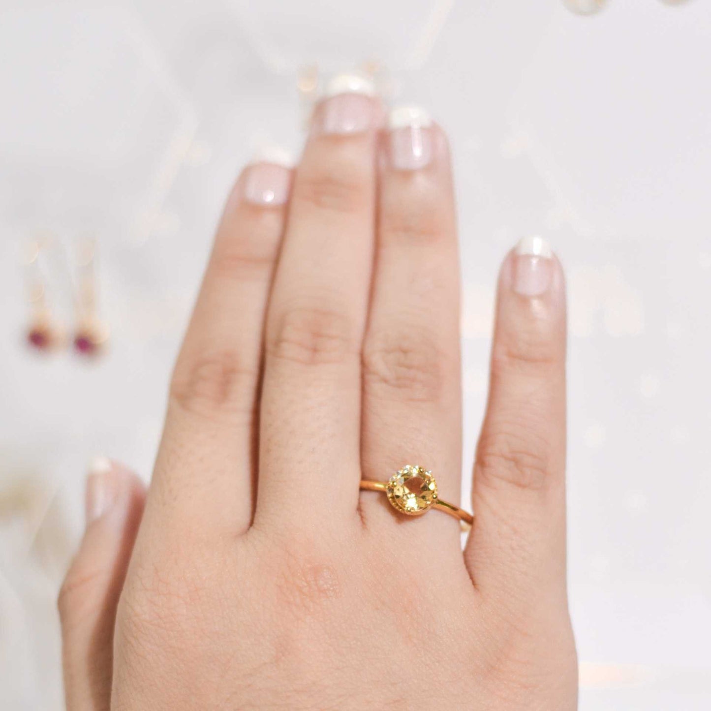 6 mm Round cut Citrine with Crescent Cz Yellow gold plated Ring
