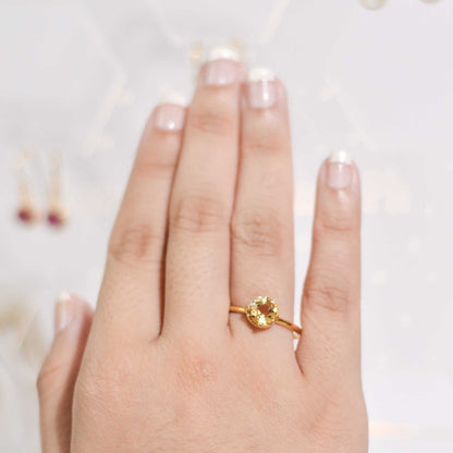 6 mm Round cut Citrine with Crescent Cz Yellow gold plated Ring