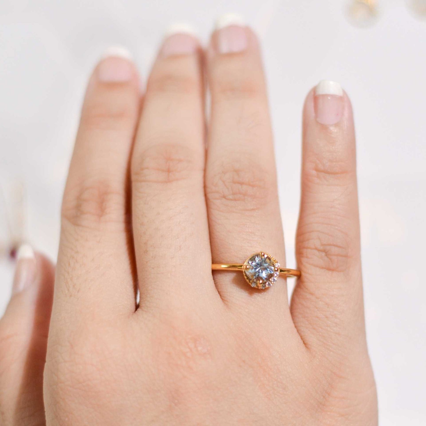 6 mm Round cut Swiss Blue Topaz with Crescent Cz Yellow gold plated Ring