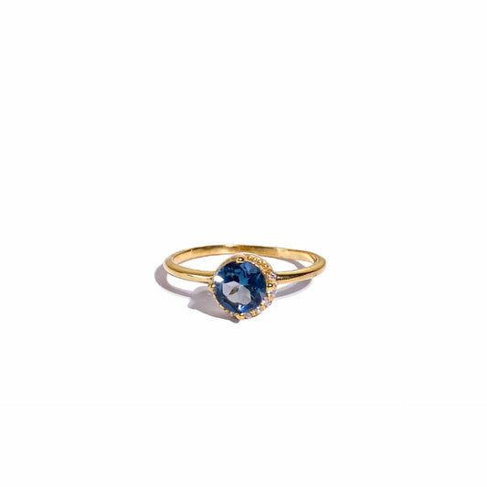 6 mm Round cut London Blue Topaz with Crescent Cz Yellow gold plated Ring