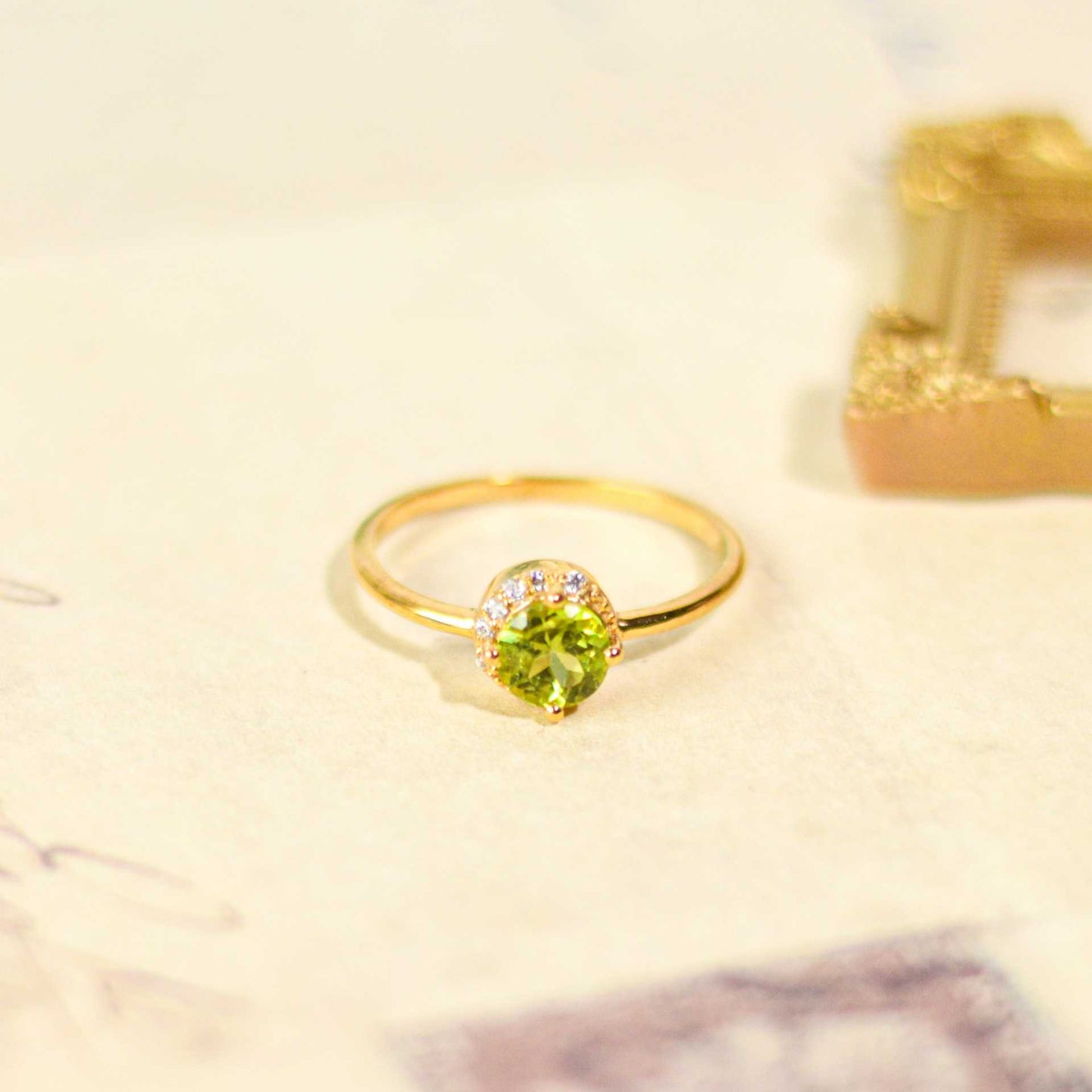 6 mm Round cut Peridot with Crescent Cz Yellow gold plated Ring
