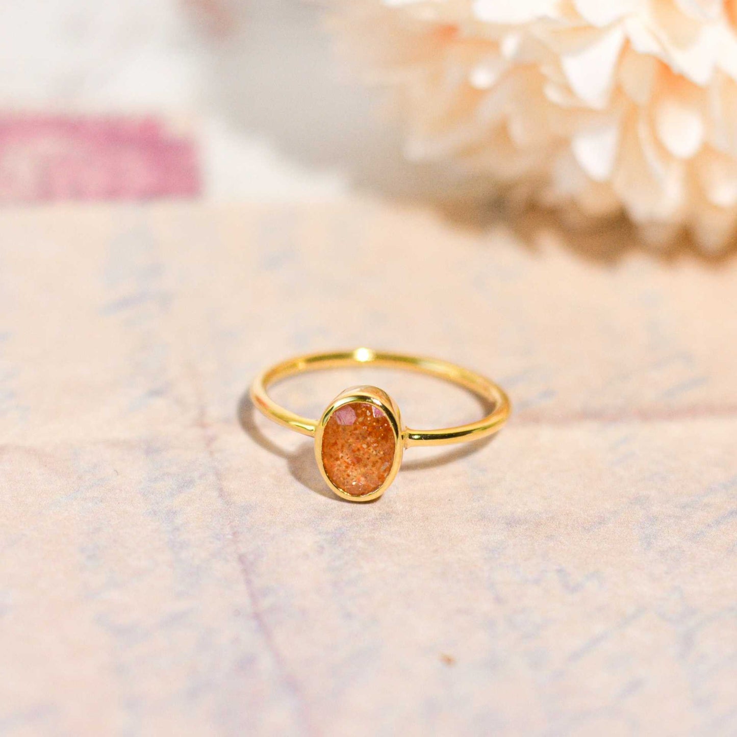 8 x 6 mm Oval cut Sunstone Bezel Ring