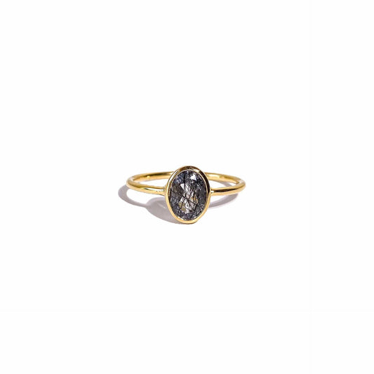 8 x 6 mm Oval cut Black Rutiliated Quartz Bezel Ring