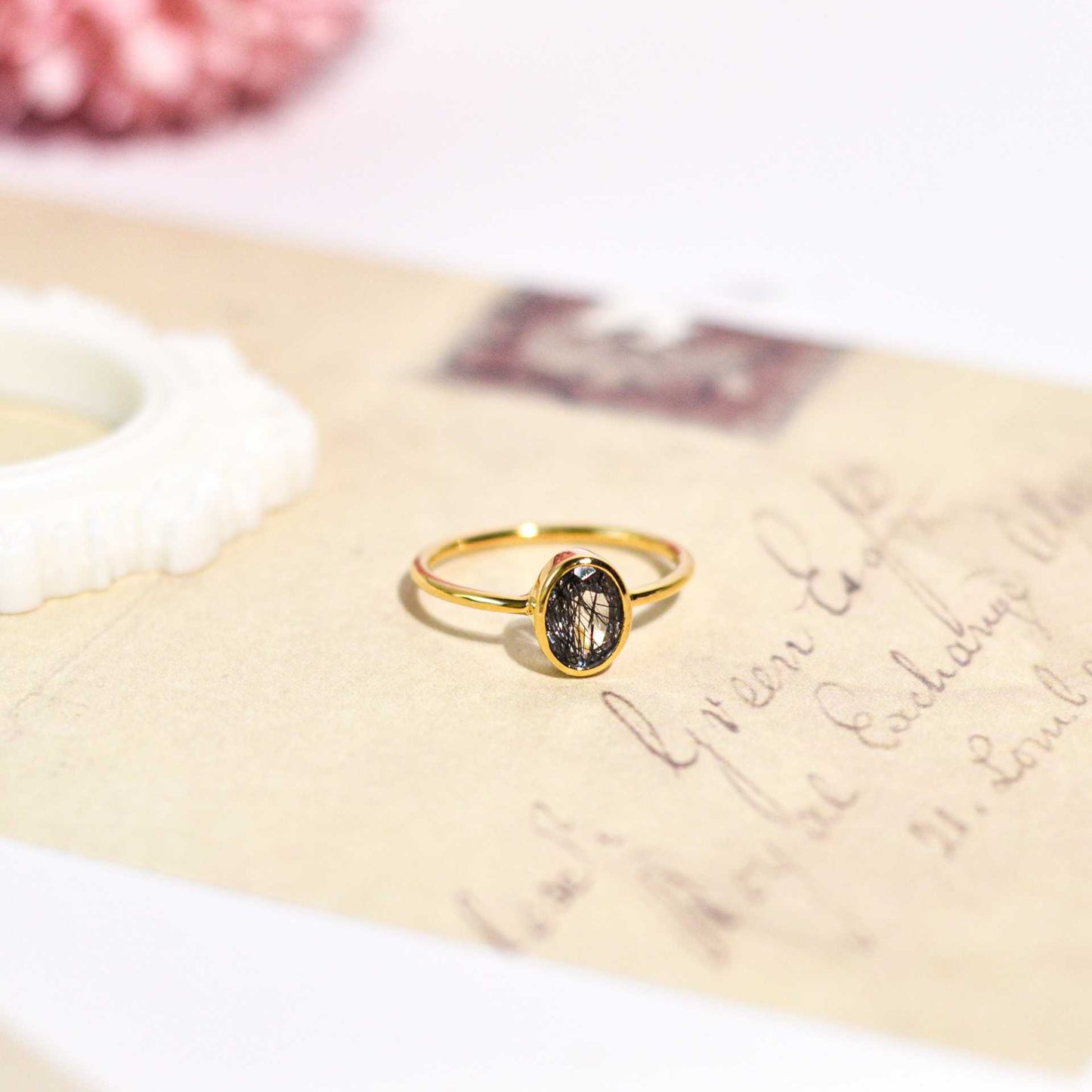 8 x 6 mm Oval cut Black Rutiliated Quartz Bezel Ring