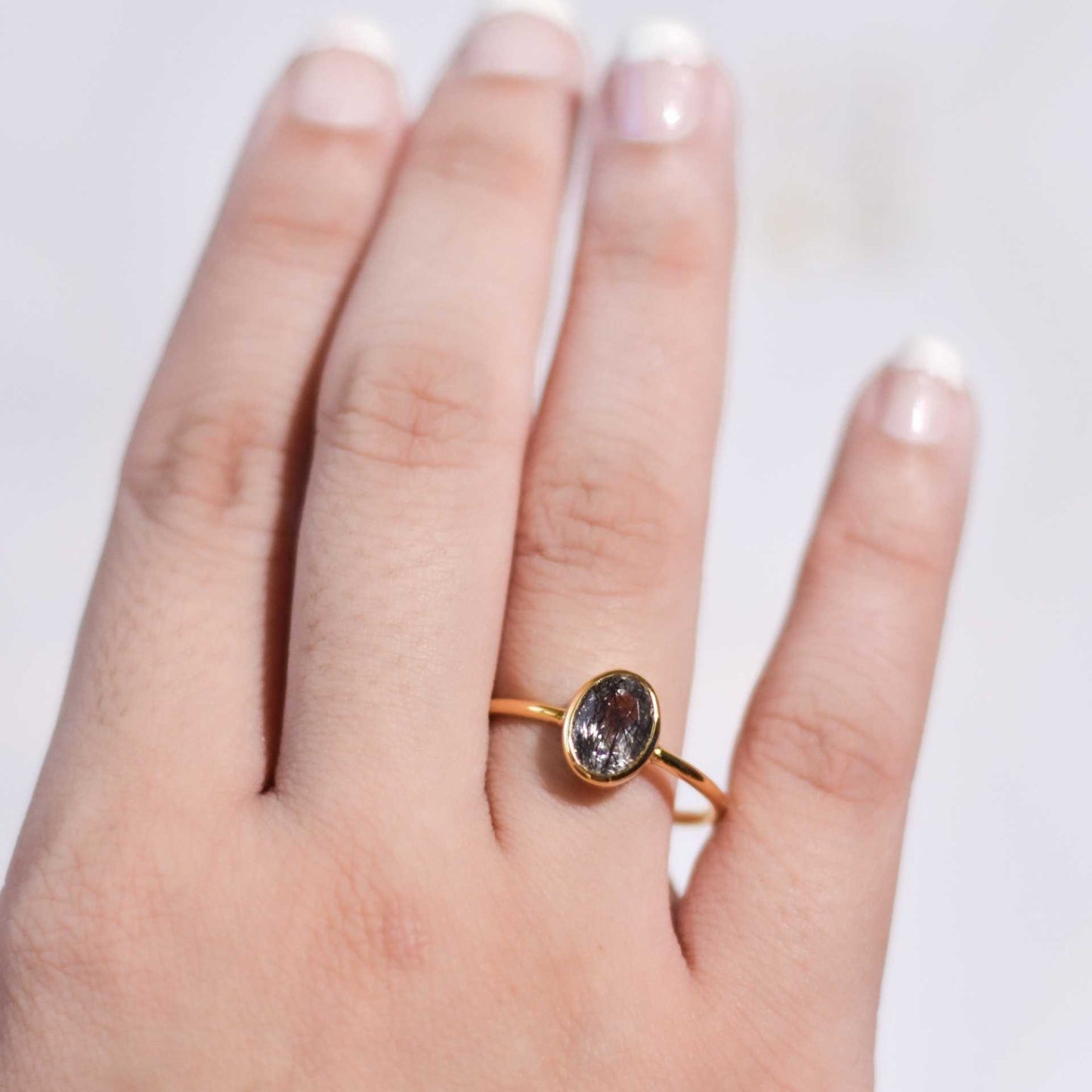8 x 6 mm Oval cut Black Rutiliated Quartz Bezel Ring