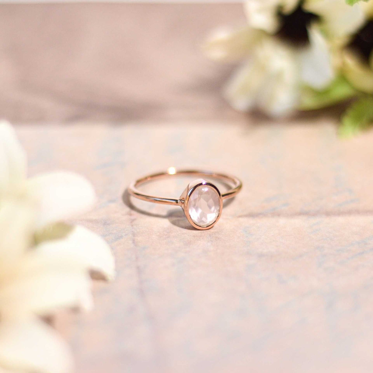 8 x 6 mm Oval cut Rose Quartz Bezel Ring