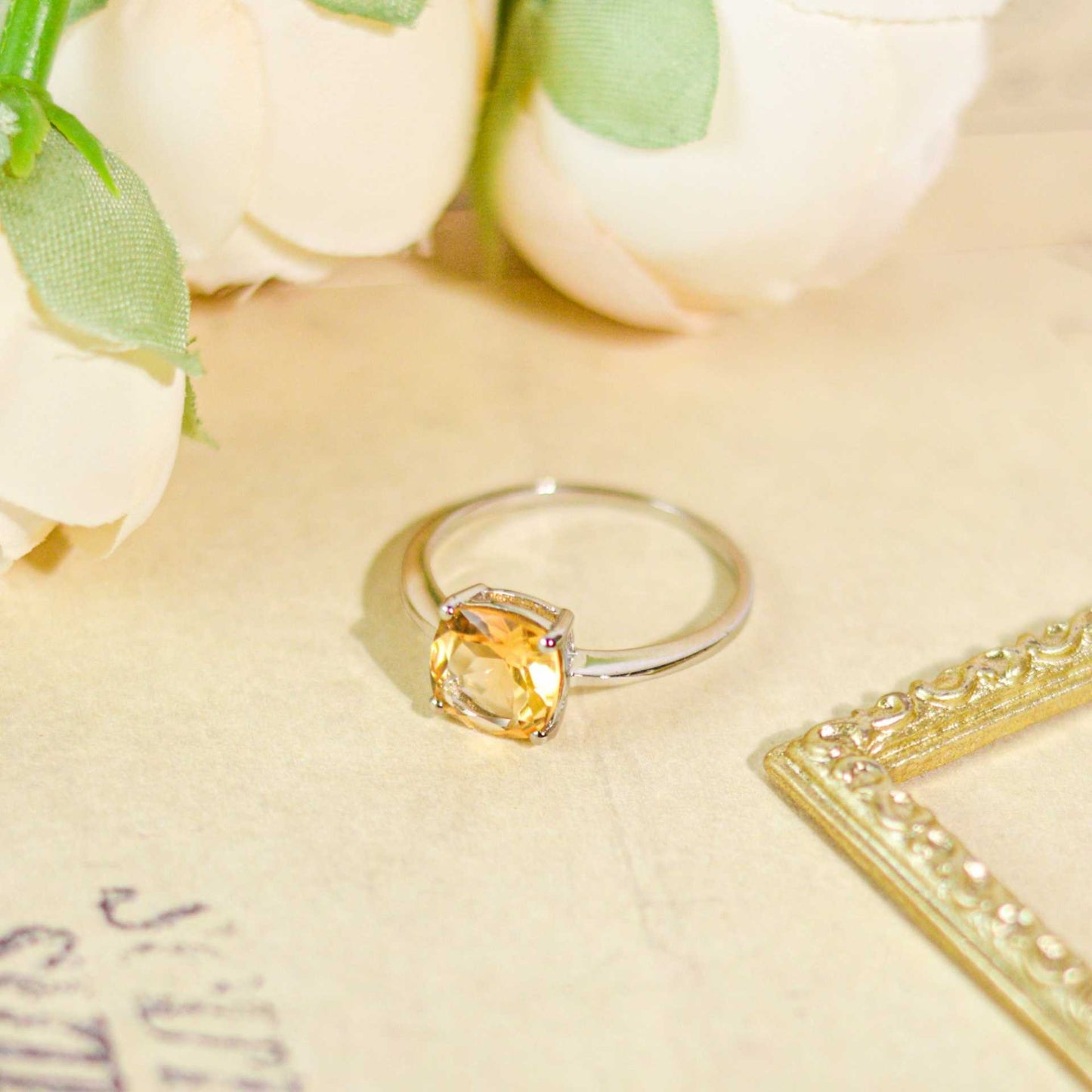 8mm Cushion cut Citrine Ring