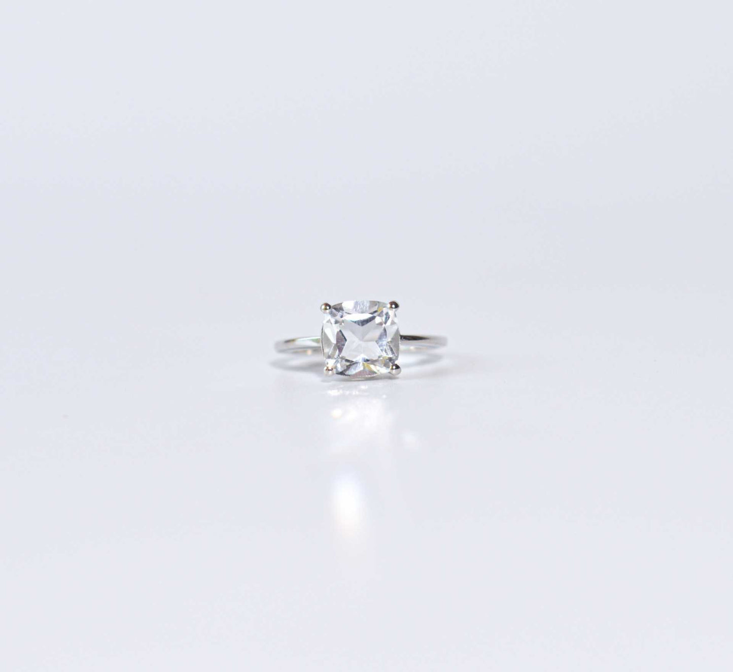 8mm Cushion cut White Topaz Rhodium plated Ring