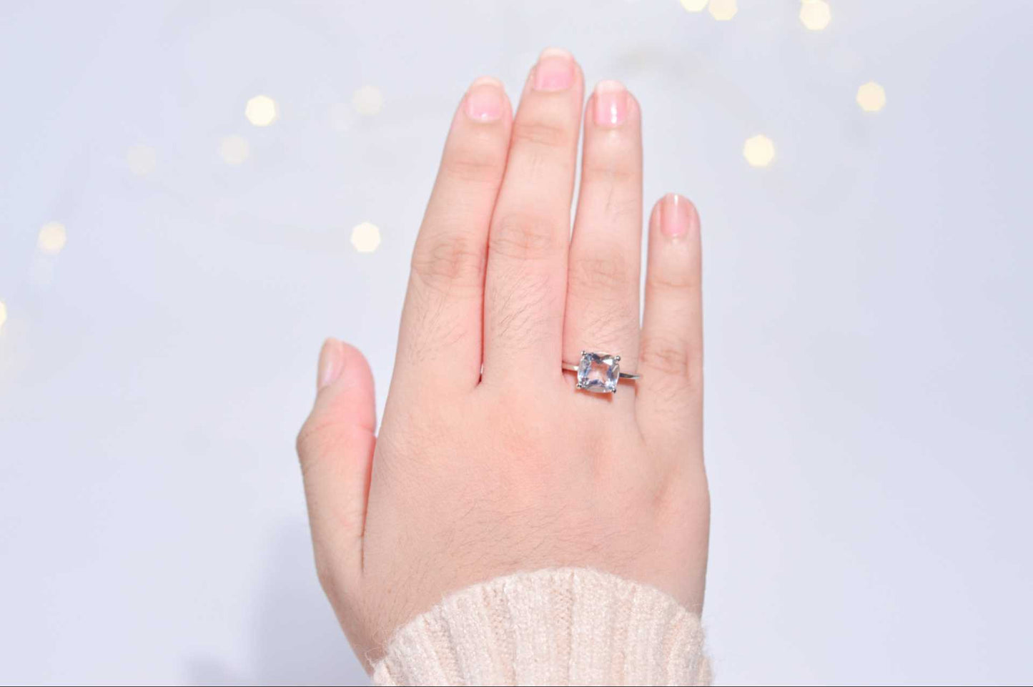 8mm Cushion cut White Topaz Rhodium plated Ring