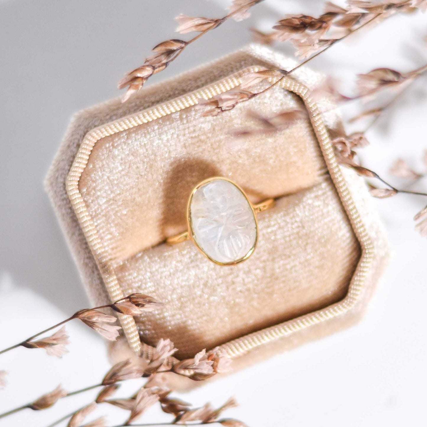 14 x 10 mm Oval Carved Moonstone Ring