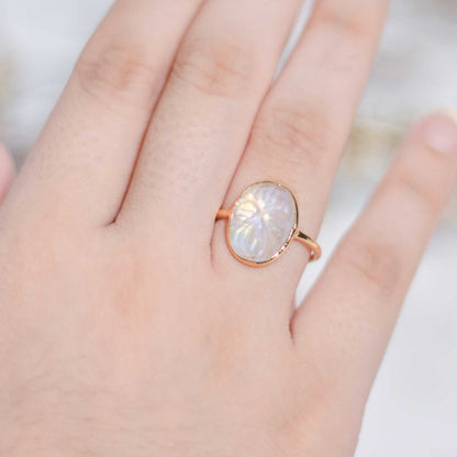 14 x 10 mm Oval Carved Moonstone Ring