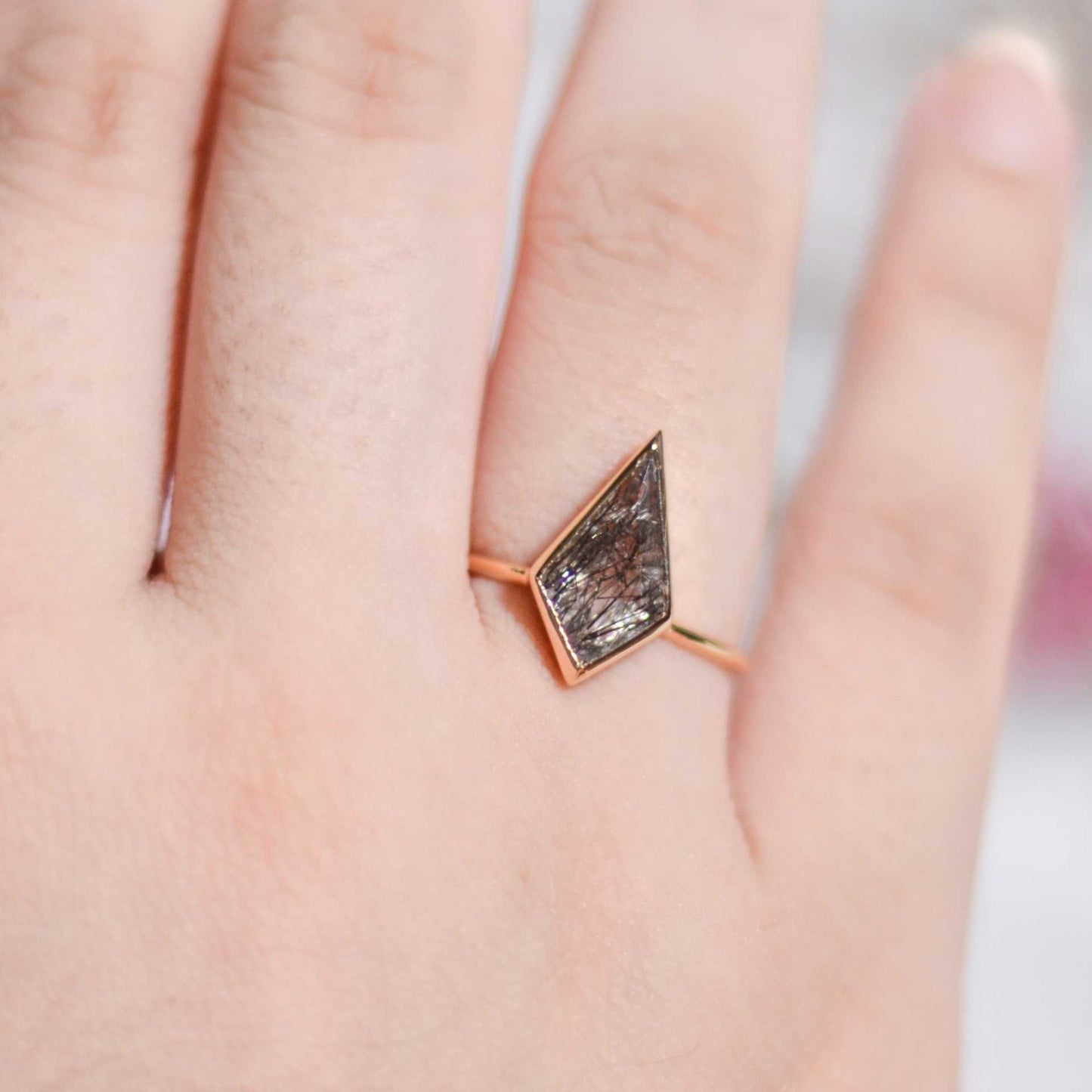 14 x 7 mm Kite Black Rutilated Ring