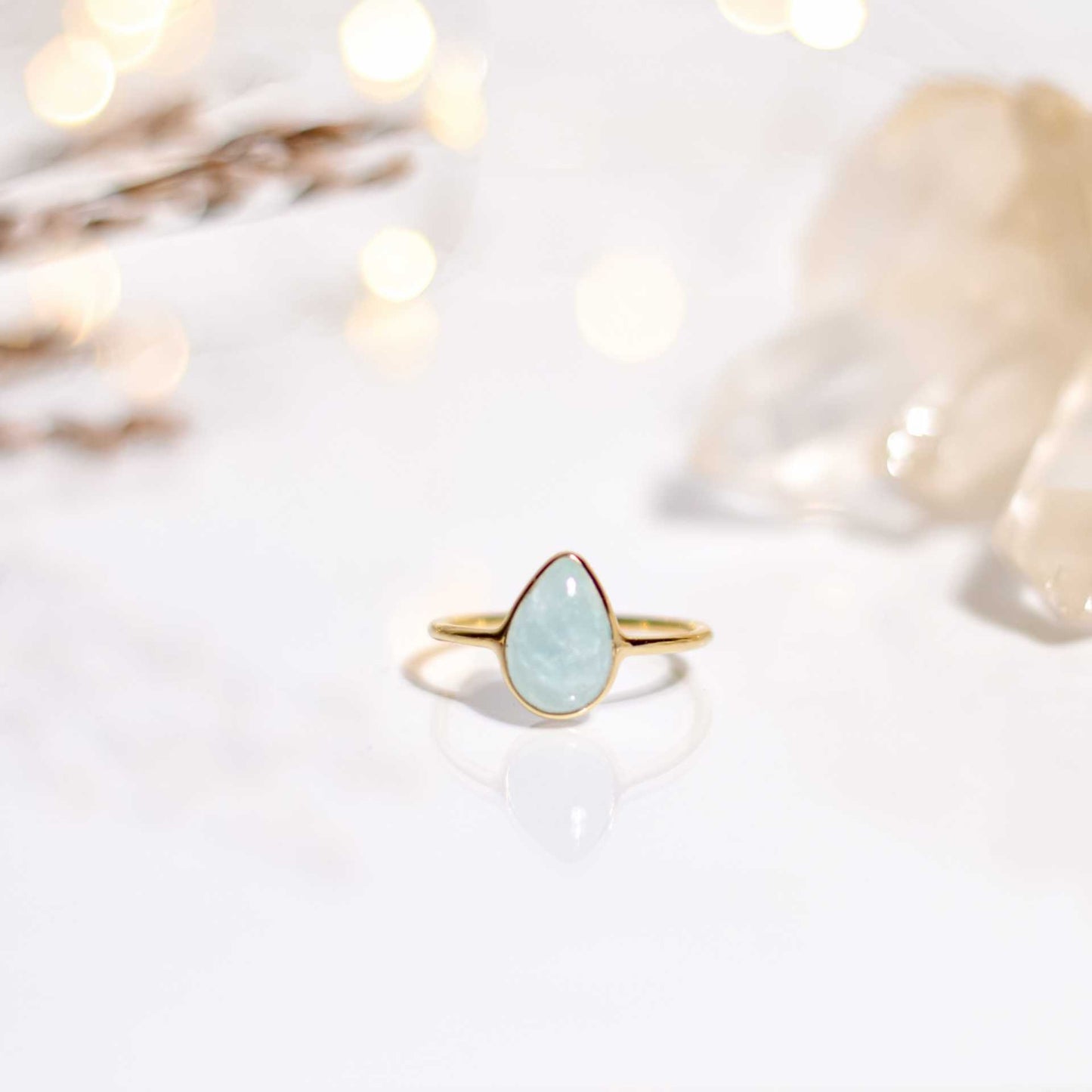 12 x 8 mm Pear cut Aquamarine Cabochon Ring