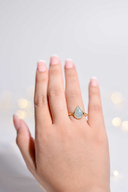 12 x 8 mm Pear cut Aquamarine Cabochon Ring