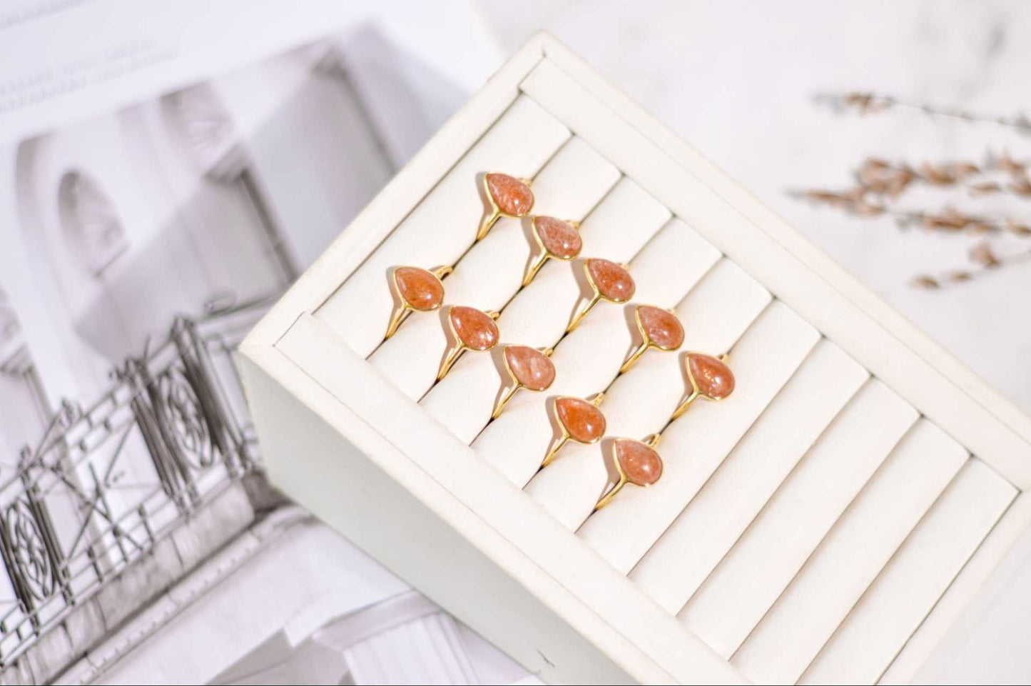 12 x 8 mm Pear cut Sunstone Cabochon Ring