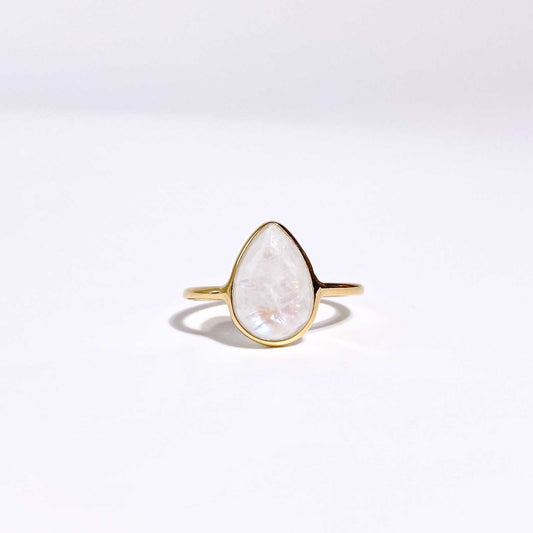 12 x 8 mm Pear cut Rainbow Moonstone Cabochon Ring