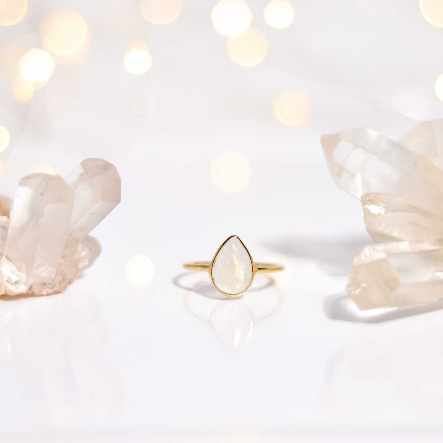 12 x 8 mm Pear cut Rainbow Moonstone Cabochon Ring