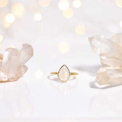 12 x 8 mm Pear cut Rainbow Moonstone Cabochon Ring